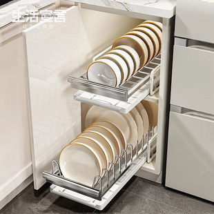 生活宣言不锈钢碗碟置物架免安装 抽拉式 厨房家用碗架 置物架抽屉式