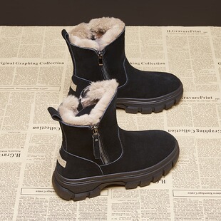 保暖英伦风马丁靴休闲加绒加厚真皮棉靴 新款 复古雪地靴女2023冬季