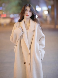 毛呢外套 慵懒米白色双面羊绒大衣韩版 秋冬加厚双面呢外套女中长款