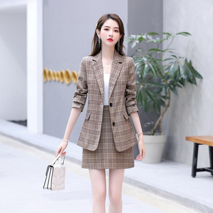 小西装 修身 新韩版 女2021春秋季 格子外套 女装 套装 职业套裙大码 时尚