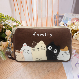 日本插画KINE可爱好多猫纯棉布艺卡通适用于苹果手机随身包双拉链