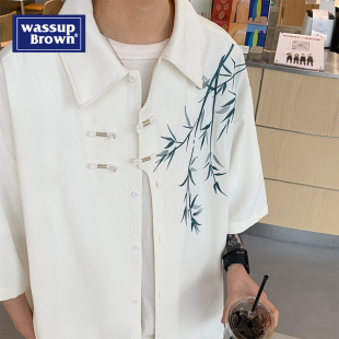 宽松短袖 薄款 春秋季 男士 国潮牌中式 衬衫 新款 WASSUP中国风刺绣长袖