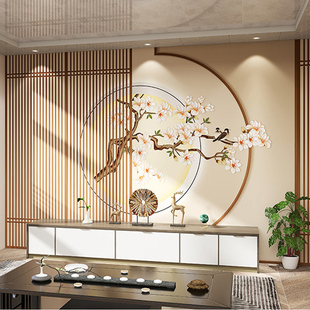 屏风墙纸中国风花鸟客厅餐厅茶室背景墙布格栅包间壁纸画 古典中式