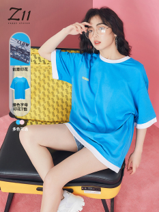 Z11女装 潮牌创意撞色字母印花宽松休闲中长款 新款 T恤 夏季