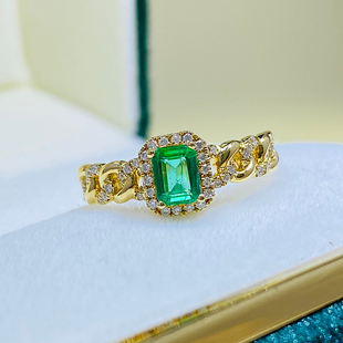 宝创集18K黄金0.3克拉翠绿色赞比亚祖母绿链条戒指钻石彩宝女戒