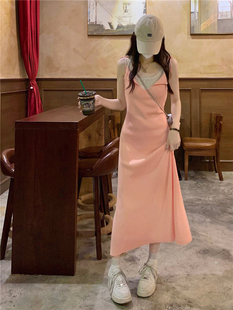 实价实拍 2024年韩版 现货 v领吊带连衣裙仙女系带针织长裙 春季