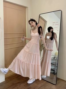 海边白色连衣裙甜美蛋糕长裙收腰裙子 kumikumi粉色吊带裙女春夏季