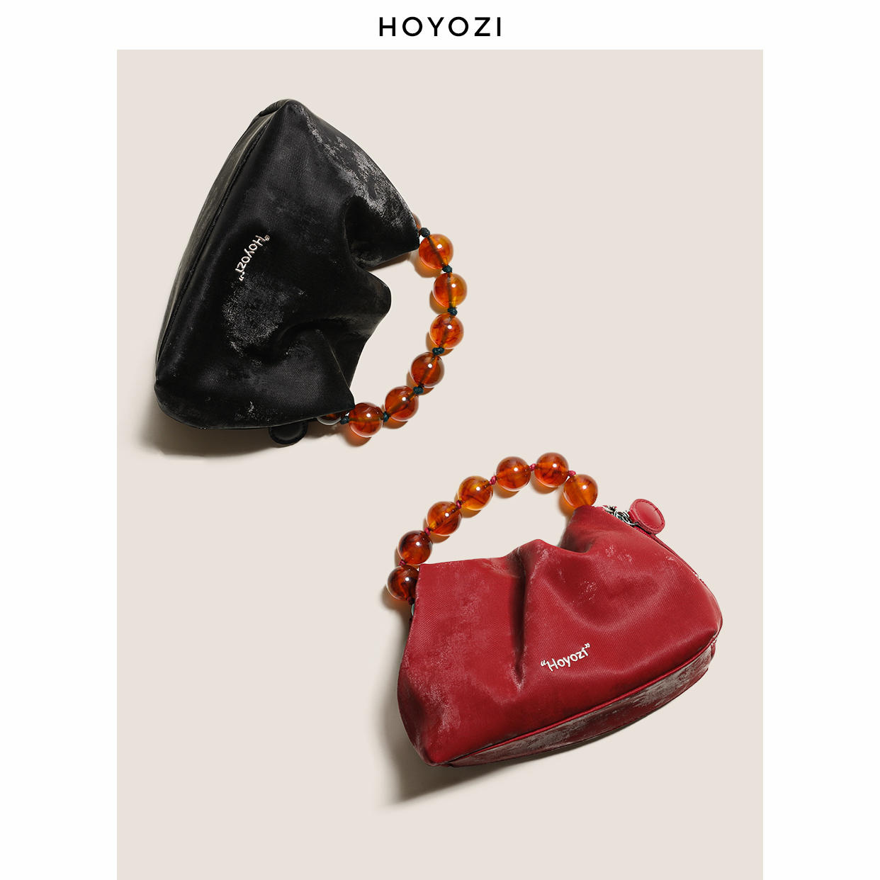 小优家包包 珠珠红色手提斜挎包女链条单肩腋下包 HOYOZI新中式
