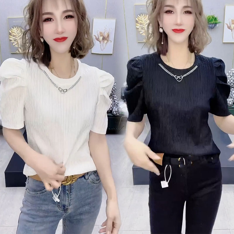 小衫 夏季 韩版 新款 减龄女网红爆款 洋气宽松显瘦设计感泡泡袖 T恤衫