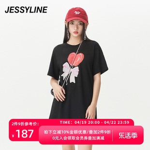 324101377 女装 杰茜莱黑色印花中长款 T恤 专柜新款 jessyline夏季