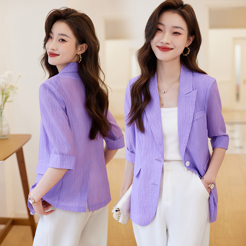 雪纺防晒衫 上衣 小个子紫色西装 薄款 外套女2023新款 时尚 中袖 春夏季