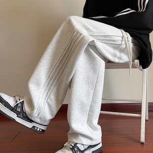 美式 复古灰色阔腿裤 子青少年垂感运动长裤 男春季 重磅2024休闲卫裤