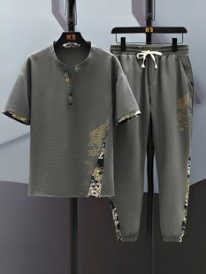 夏季 短袖 t恤套装 2023新款 冰丝运动休闲汉服唐装 中国风男装 两件套