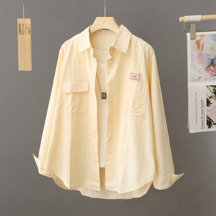 新款 潮 女外套2024春季 设计感小众宽松纯色百搭衬衣开衫 奶黄色衬衫