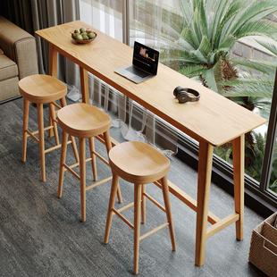 实木吧台桌椅家用原木色高脚桌长条窄桌阳台简约现代靠墙桌椅组合