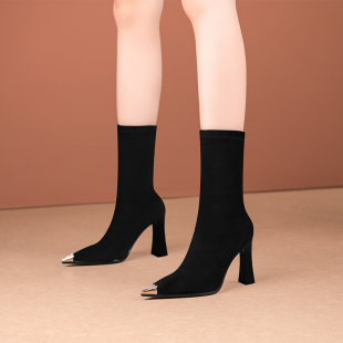 金属头尖头袜靴子黑色马丁靴 时尚 高跟瘦瘦弹力短靴女粗跟秋冬新款