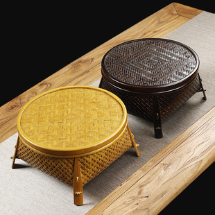 竹编收纳盒家用圆形复古带盖茶具整理筐水果篮竹篮托盘竹制品 中式