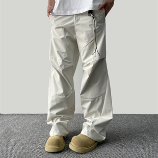 OG96美式 米白色长裤 裤 小众设计交错打褶结构条纹宽松直筒vibe工装