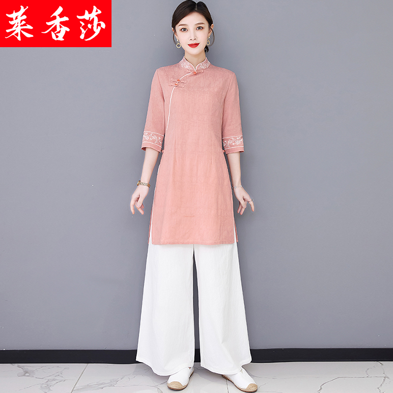 汉服禅意女装 套装 唐装 改良旗袍棉麻连衣裙中国风复古茶艺服女中式