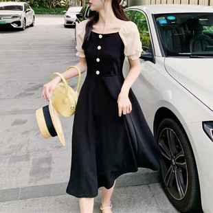 2024夏季 新款 复古黑色连衣裙 小黑裙长裙方领气质甜美茶歇裙女法式