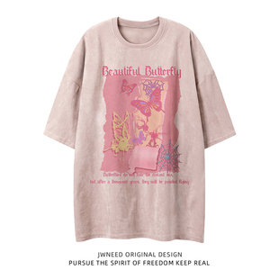 原创潮牌多巴胺蝴蝶短袖 甜酷美式 新款 粉色小众T恤上衣 女情侣夏季