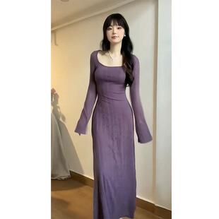 2024年新款 长裙超显身材别致绝美紫色长袖 气场强大修身 连衣裙 法式