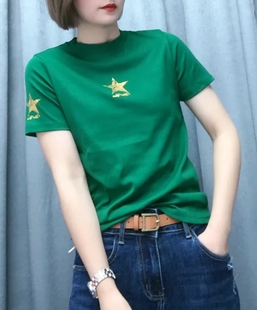 春季 时尚 打底衫 欧洲站五角星t恤女2024新款 体恤网红韩版 显瘦短袖