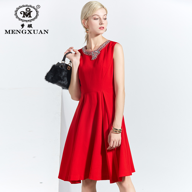 时尚 镶钻连衣裙秋冬女装 中长裙子打底外穿背心裙红色酒会礼服 新款