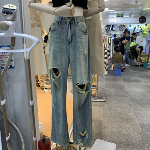 女 通勤新款 高腰潮流个性 破洞直筒牛仔裤 夏季 2024年韩国东大门韩版