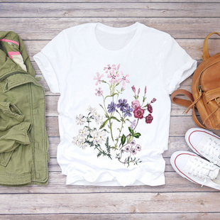 shirt 植物花卉艺术气质印花女士T恤宽松街头短袖 Woman Floral