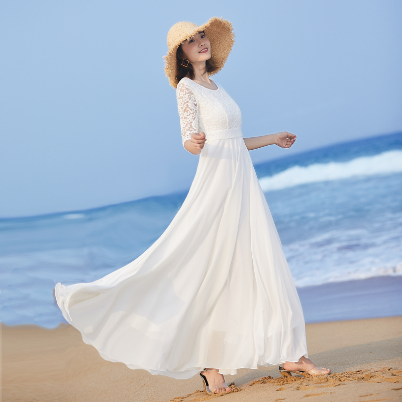 2024新款 女气质长裙大摆长款 白色裙子蕾丝拼接沙滩裙 连衣裙夏修身
