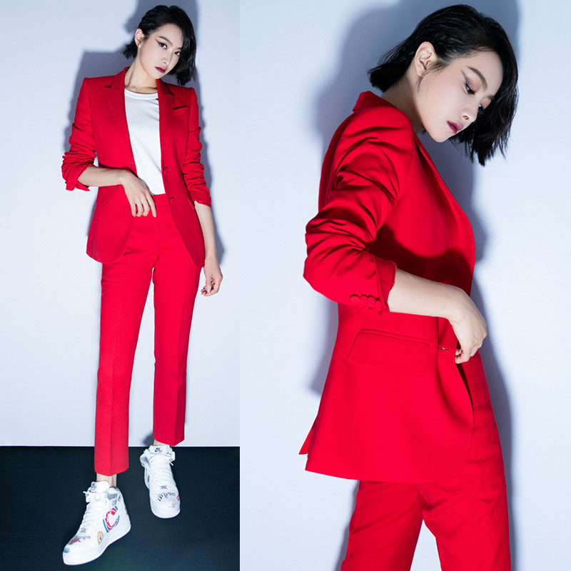 帅气西装 红色OL职业套装 潮 小外套西服裤 女韩版 两件套新款 显瘦时尚