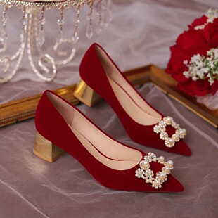 婚鞋 结婚新娘鞋 孕妇秀禾服中式 女粗跟红色禾秀婚纱两穿方扣高跟鞋