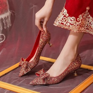 女细跟 新款 婚纱秀禾两穿新娘鞋 3cm低跟高跟鞋 2024年春季 红色婚鞋