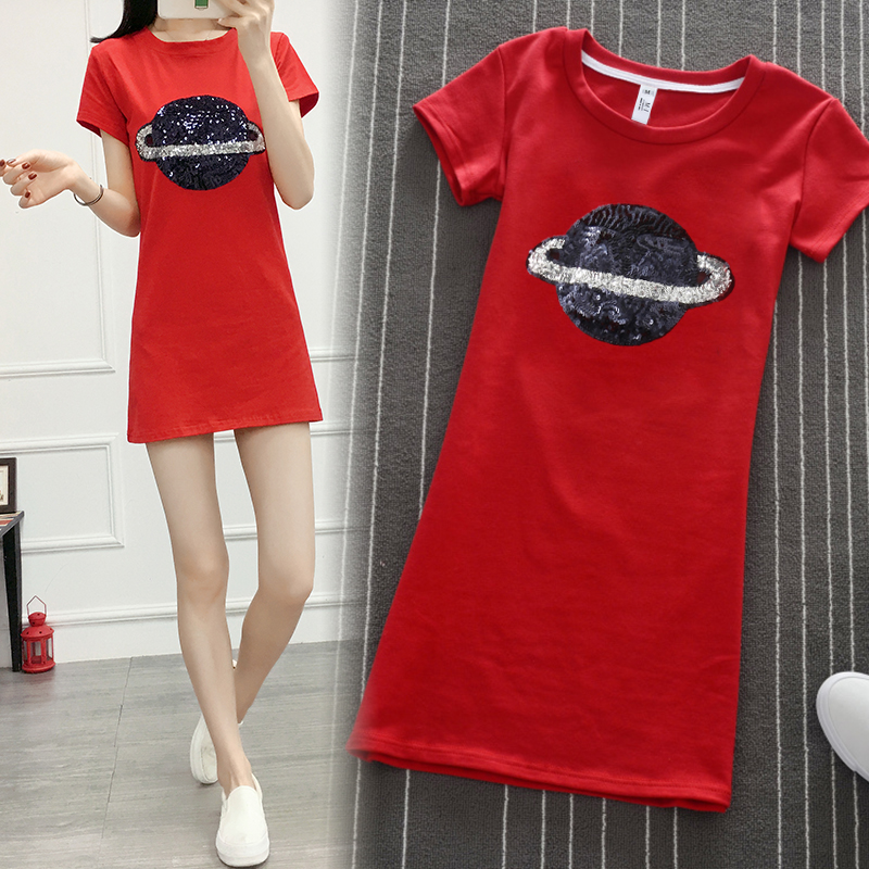 T恤裙圆领星球亮片体恤红色女装 新款 中长款 夏季 韩版 短袖 白色修身