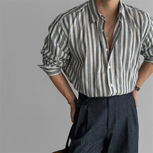 韩国男装 衬衫 直播DEEF高档轻薄纯棉设计师竖条纹轻熟宽松长袖 代购