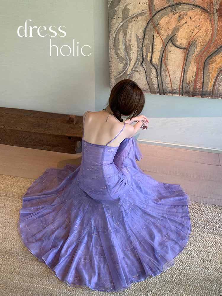 dressholic 莫奈浅紫色油画印花度假风吊带连衣裙 茶歇高级感 法式