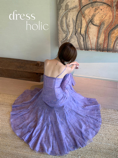 dressholic 法式 茶歇高级感 莫奈浅紫色油画印花度假风吊带连衣裙