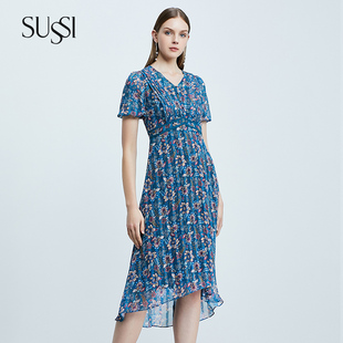 印花连衣裙女 新品 蓝色X型短袖 雪纺灯笼袖 古色夏季 SUSSI