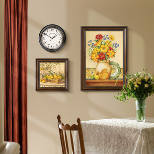 美式 墙画欧式 饰画饭厅挂画复古花卉艺术壁画时钟法式 油画 餐厅装