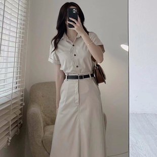 高腰显瘦半身裙长裙两件套女 衬衫 韩国chic复古气质翻领纯色短袖