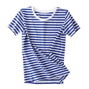 可定制 蓝白条纹T恤短袖 女圆领纯棉新款 水手服学生宽松打底衫