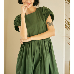 VIMIE2022夏季 新款 连衣裙棉质大裙摆纯色长裙 复古森林绿宽松长款