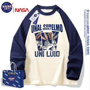 NASA联名纯棉拼色插肩长袖 韩版 新款 设计感小众上衣潮 t恤男女秋季