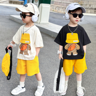 套装 童装 中小儿童洋气潮衣服两件 2024新款 男童时尚 夏季 帽子熊短袖