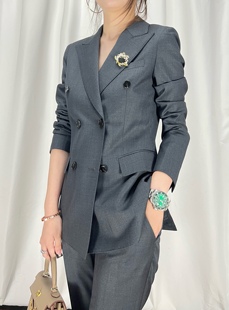 版 原创设计款 英伦风女生西装 高级灰双排扣双开叉高品质 套装 修身