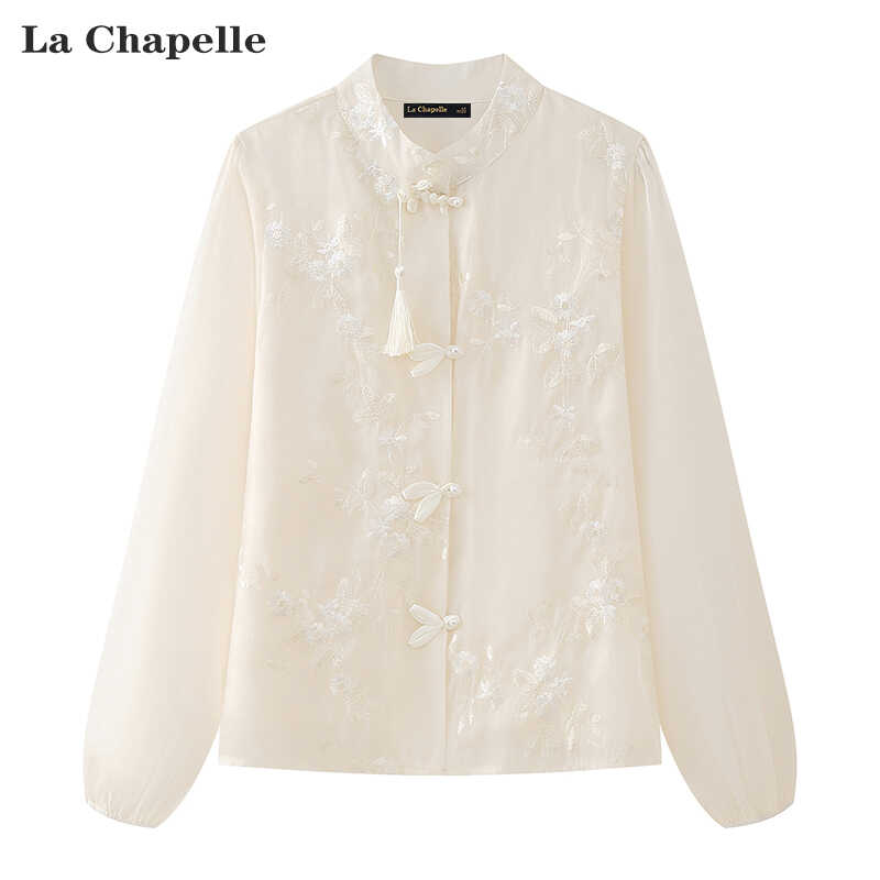 新中式 拉夏贝尔 盘扣刺绣上衣女 国风提花长袖 衬衫 Chapelle新款