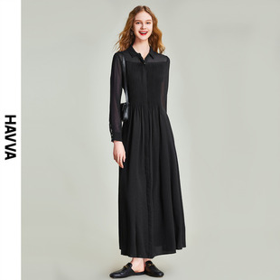 HAVVA2024春季 裙法式 黑色连衣裙女气质衬衫 雪纺长裙Q48701 新款
