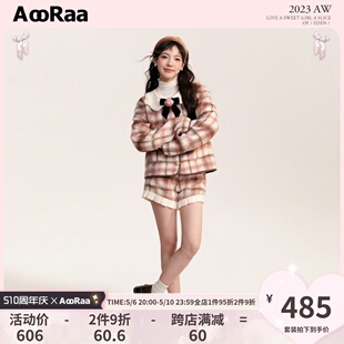 AooRaa原创设计 黑莓与月桂 夹棉外套冬 娃娃领玫瑰格纹呢子套装