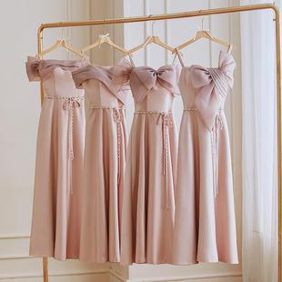 缎面小众高级感姐妹团晚礼服裙女平时可穿 冬季 粉色伴娘服2024新款